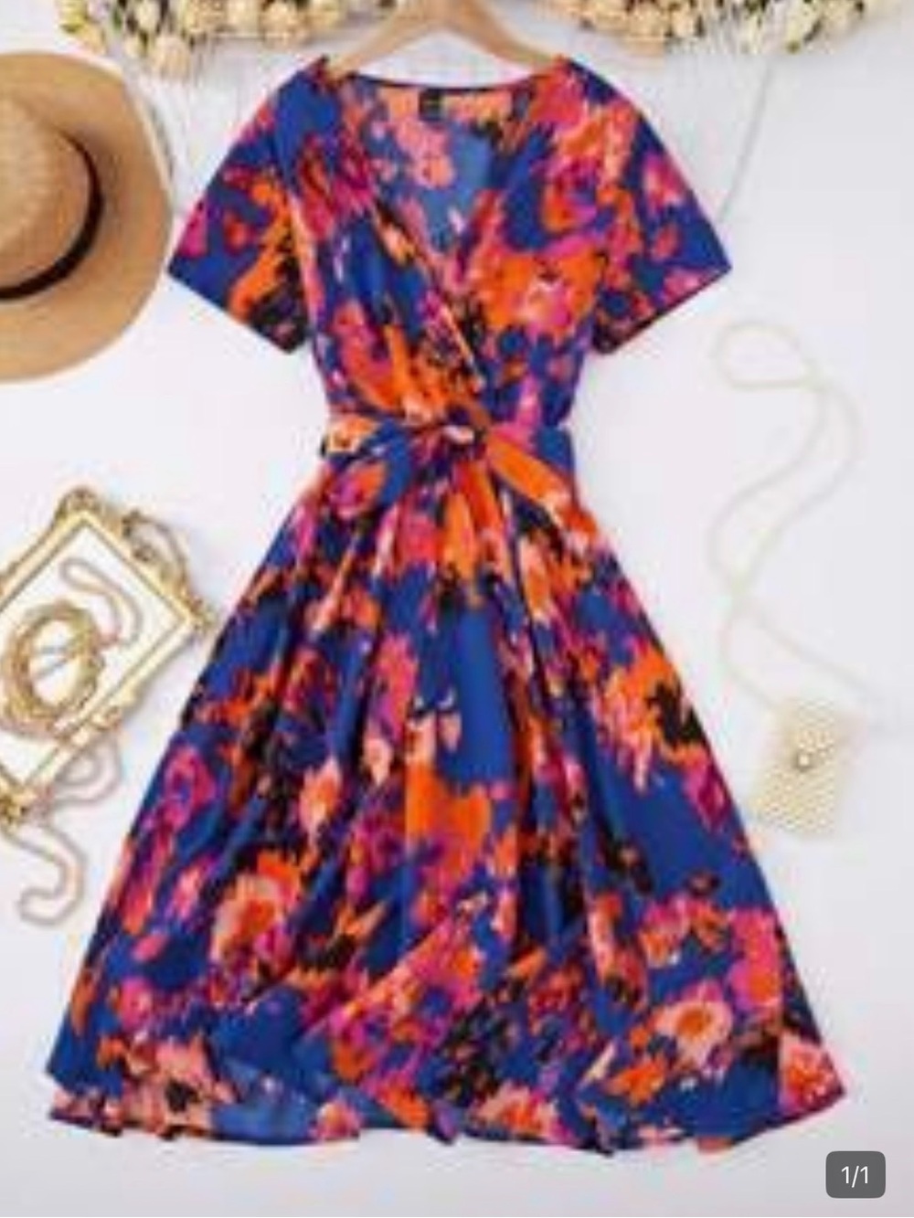 SHEIN Blue Floral Tie-Waist Midi Dress with Orange and Pink Accents